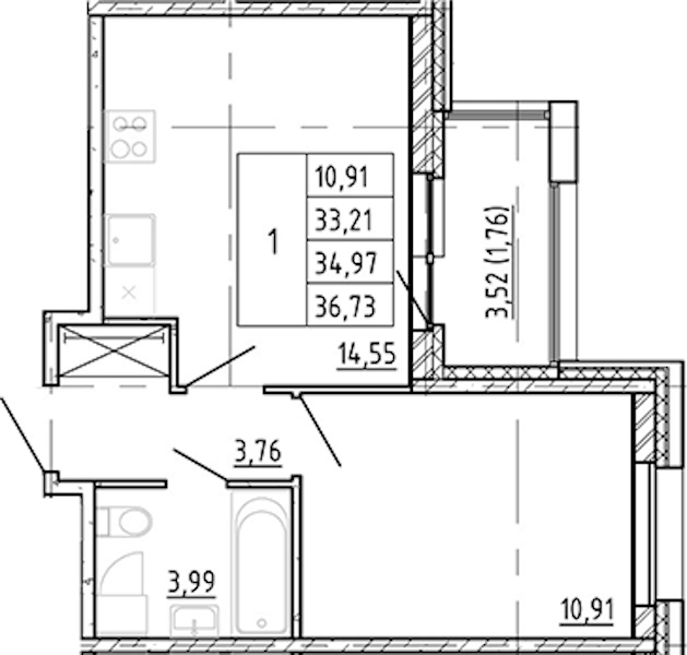 1-комнатная квартира 33.21 м², 2/12 эт., ЖК «Полис Новоселье»